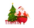 Funny Santa Claus character with Christmas gift boxes at beautiful decorated New Year fir tree isolated.